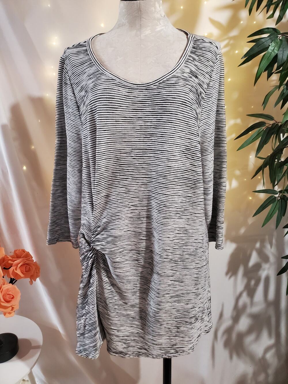 Soft Surroundings Side Twist 3/4 Sleeve Striped Knit Tunic Top Womens Plus 2X